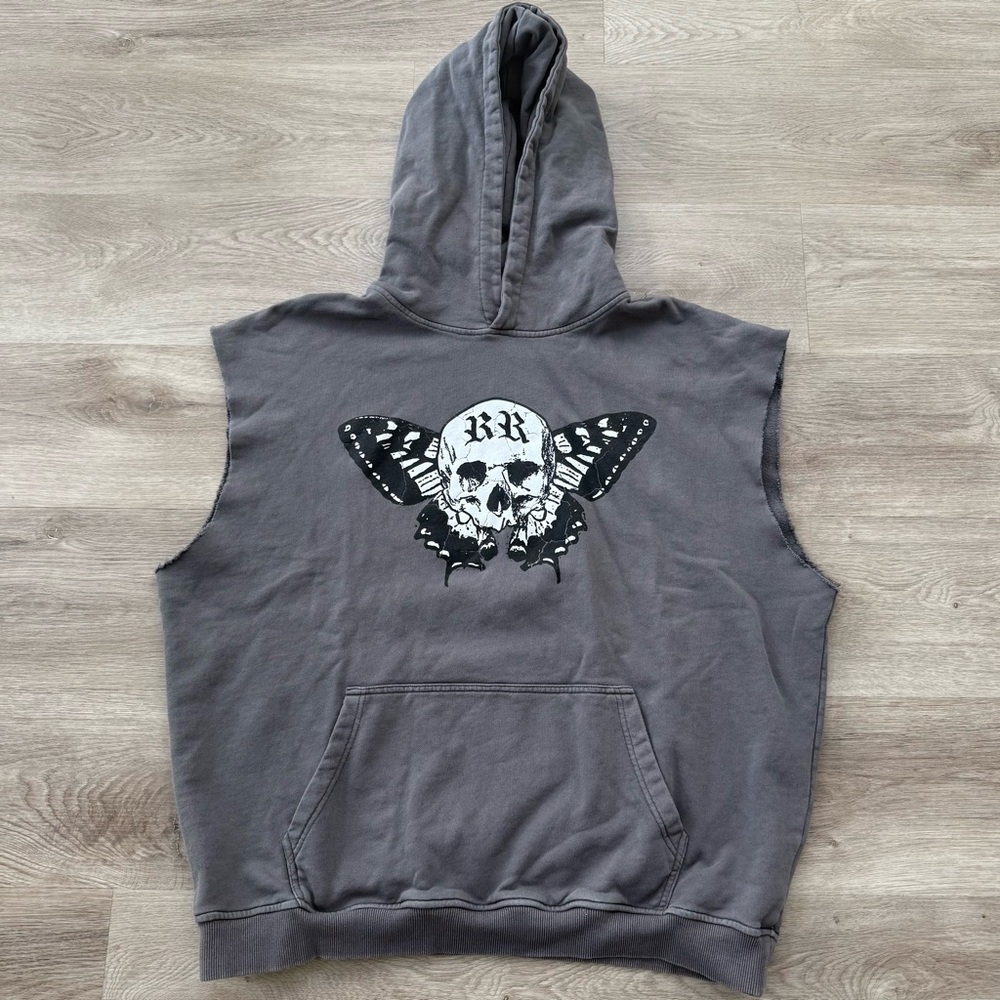 Ryoko Rain Sleeveless Hoodie Dark Vintage Gray Mens Size Large Butterfly Skull